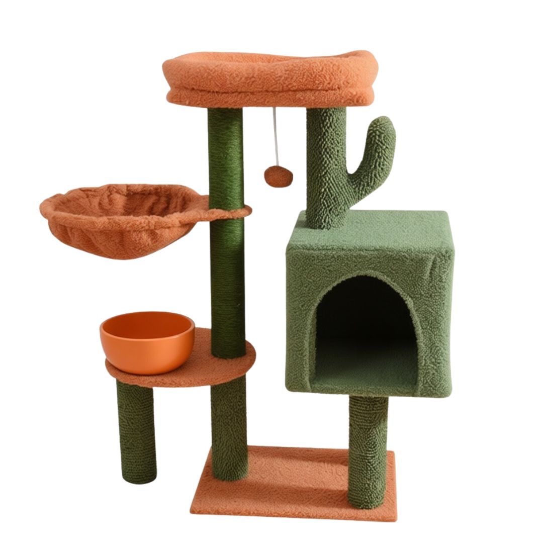 arbre a chat 88 cm avec niche hamac et plateformes vert et orange