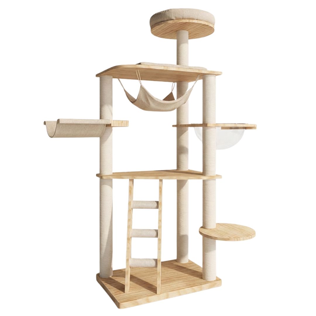 arbre a chat en bois 155 cm avec plateformes hamac et echelle pour chat
